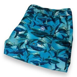 NWT PETER MILLAR Crown Tropical Trepidation Sharks Swim Trunks RADBL Blue Sz XL